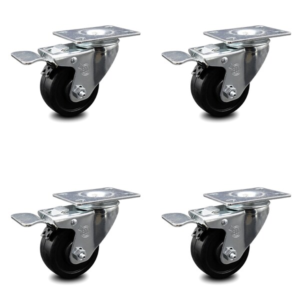 3 Inch Soft Rubber Swivel Top Plate Caster Set with Total Lock Brake SCC
